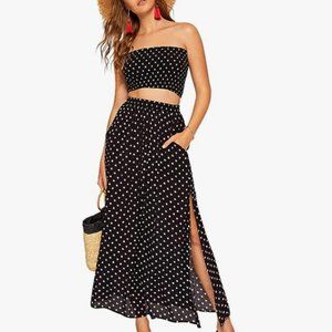 Floerns Women's Summer Printed 2 Piece Outfit Crop Tube Tops and Split Long Skir